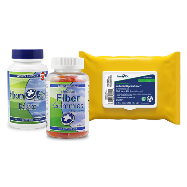 Hemorrhoid Complete Care System: HemRid Max, Fiber Gummies, & Medicated Wipes